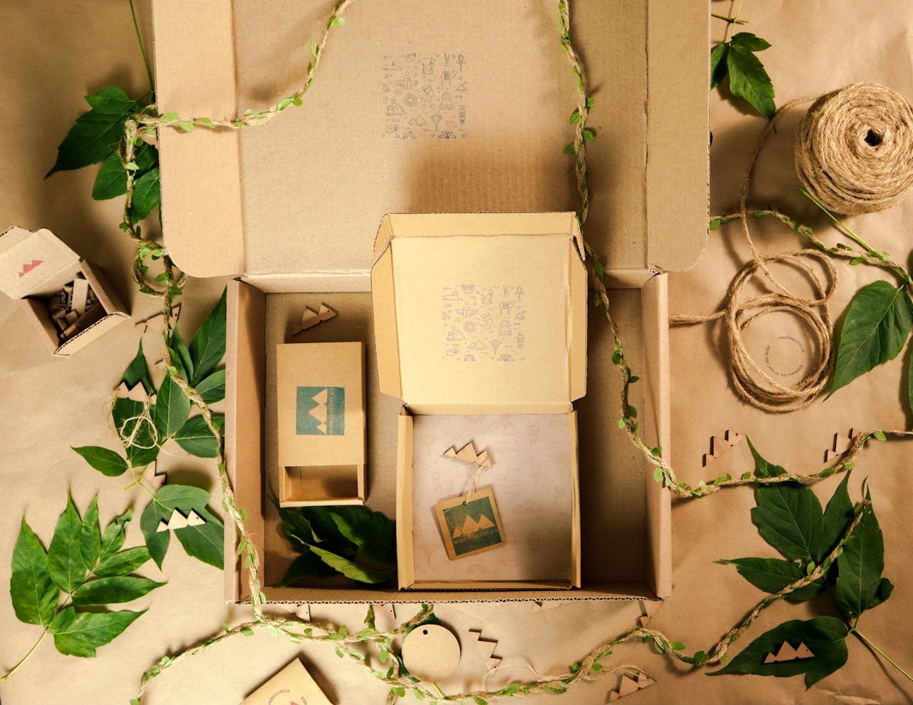 Flat lay of cardboard packaging with natural elements and green leaves.